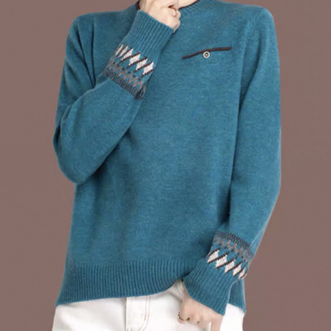 撞色图案宽松休闲圆领洋气毛衣