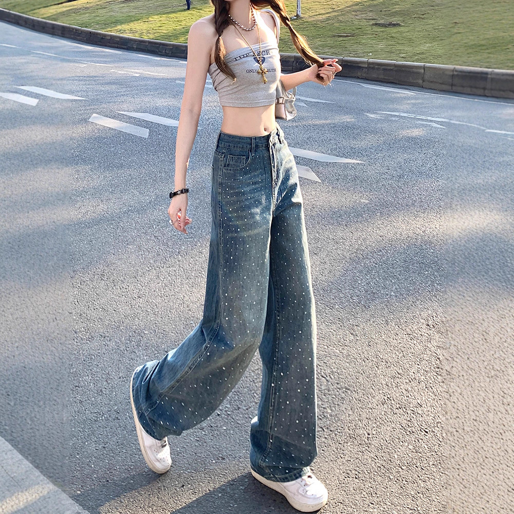 美式蓝色阔腿牛仔裤女2025秋季新款小个子显瘦烫钻高级感直筒裤子