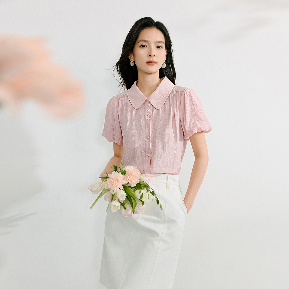 亚麻肌理花苞衬衫2025夏季女装新款温柔风宽松短袖轻薄上衣