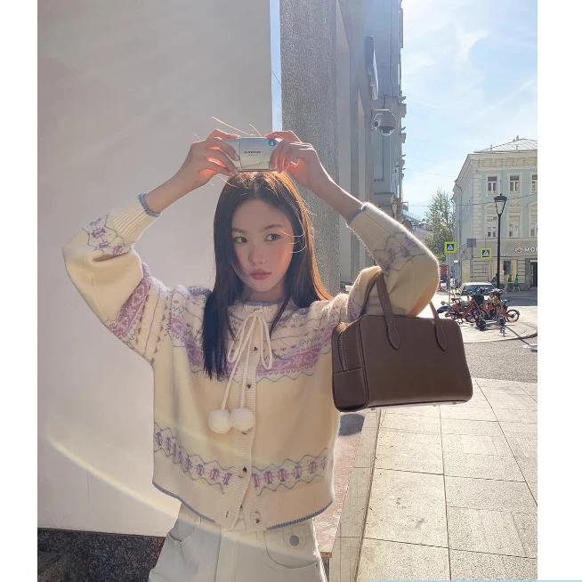 费尔岛圆领针织开衫女秋冬装宽松短款毛衣外套小众长袖设计感上衣