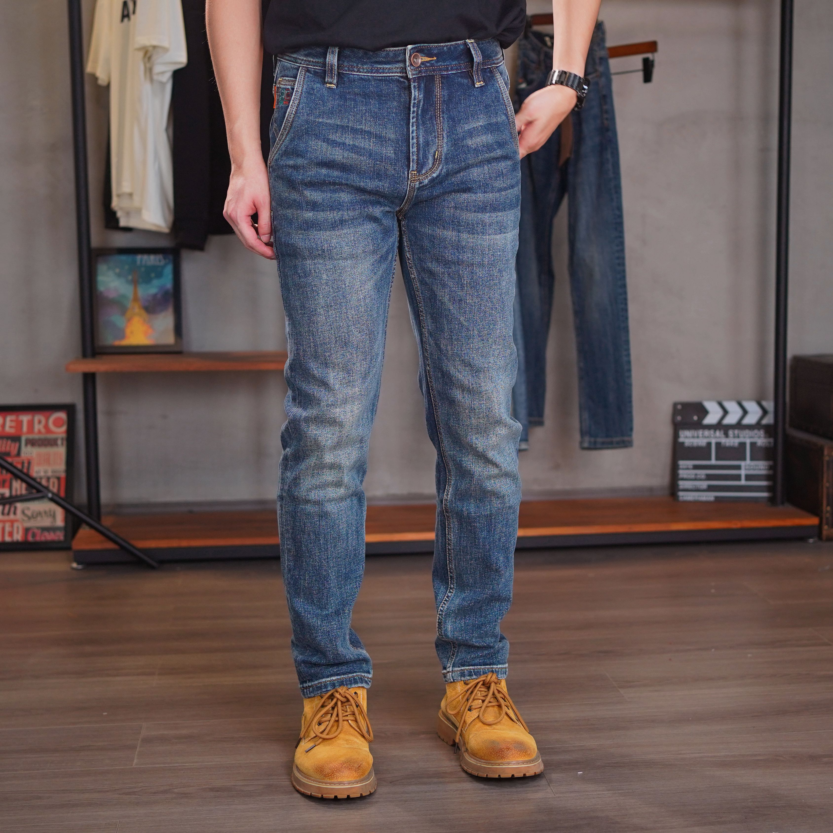 DH81048秋冬款复古蓝男韩式四季通用弹力牛仔裤厚款时尚水洗修身
