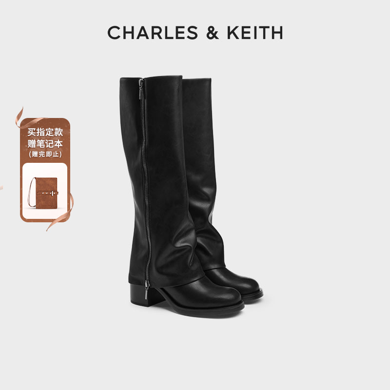 CHARLES & KEITH【琥珀流光】拉链长筒裤管靴粗跟女靴CK1-90580191