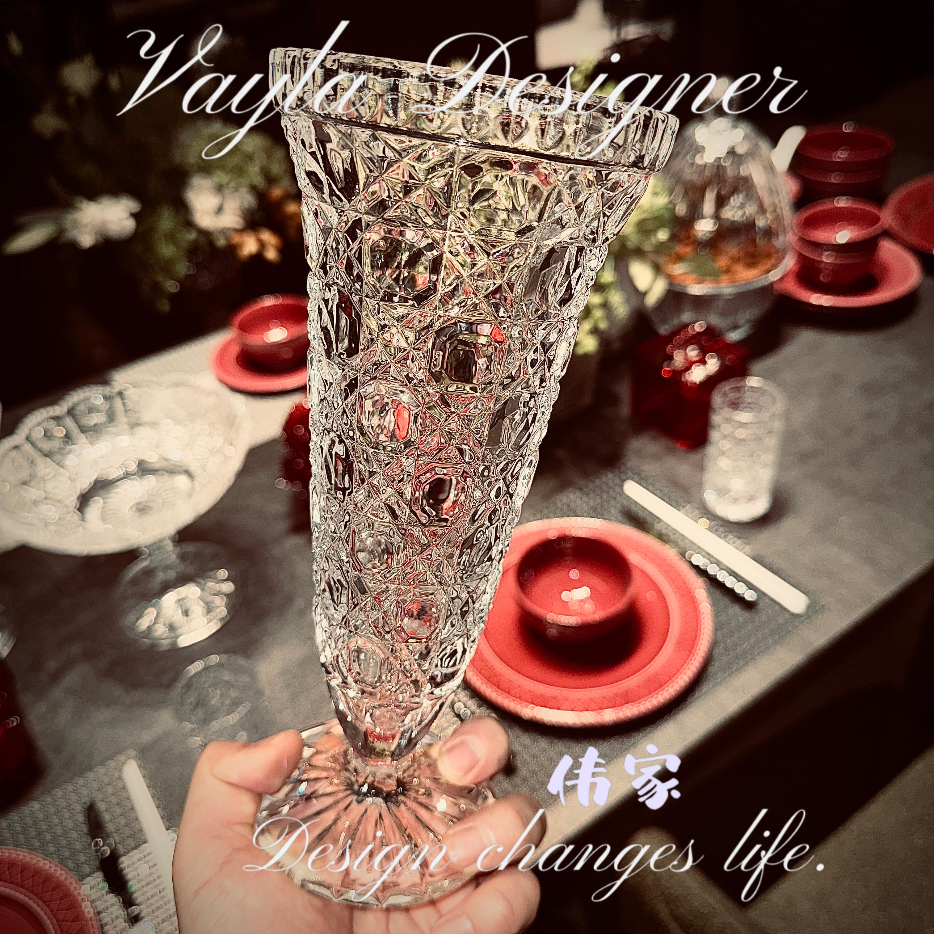 高脚宝石纹水晶玻璃花瓶家用客厅摆件高度24CM口径11CM