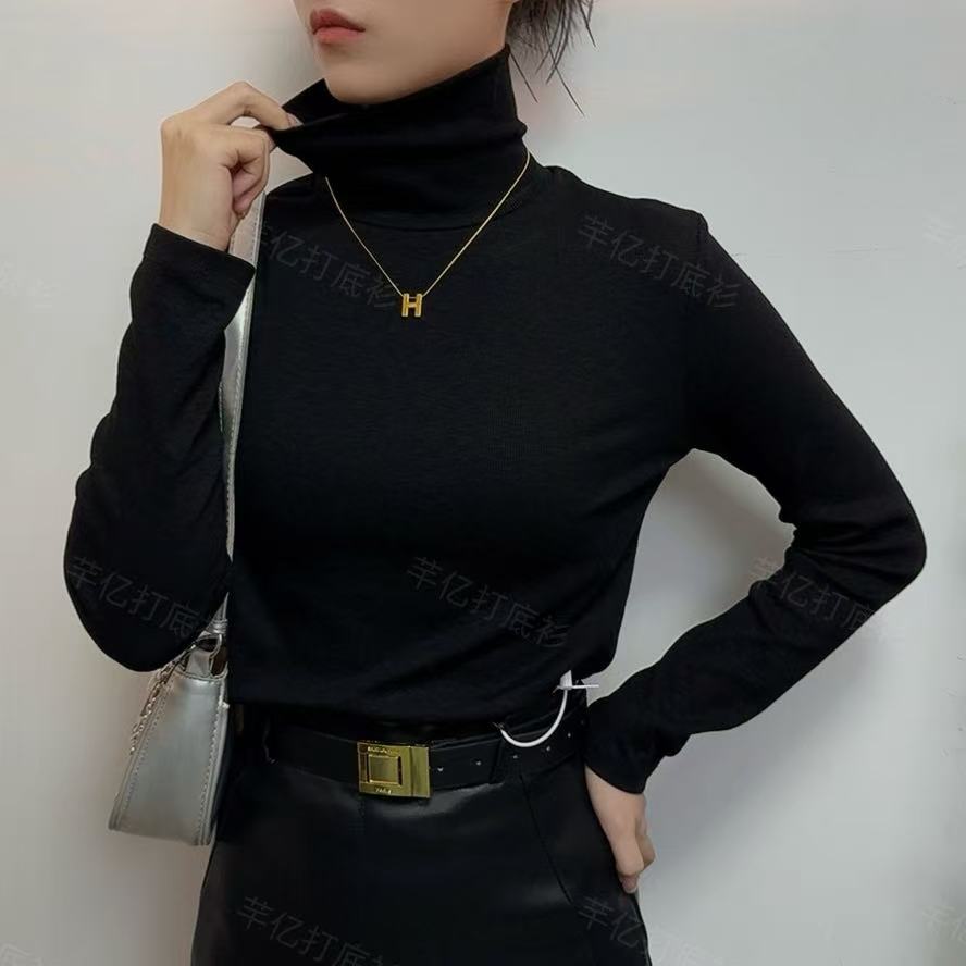 高品质堆堆领秋冬季长袖优可丝棉百搭高级修身纯色显瘦T恤女上衣