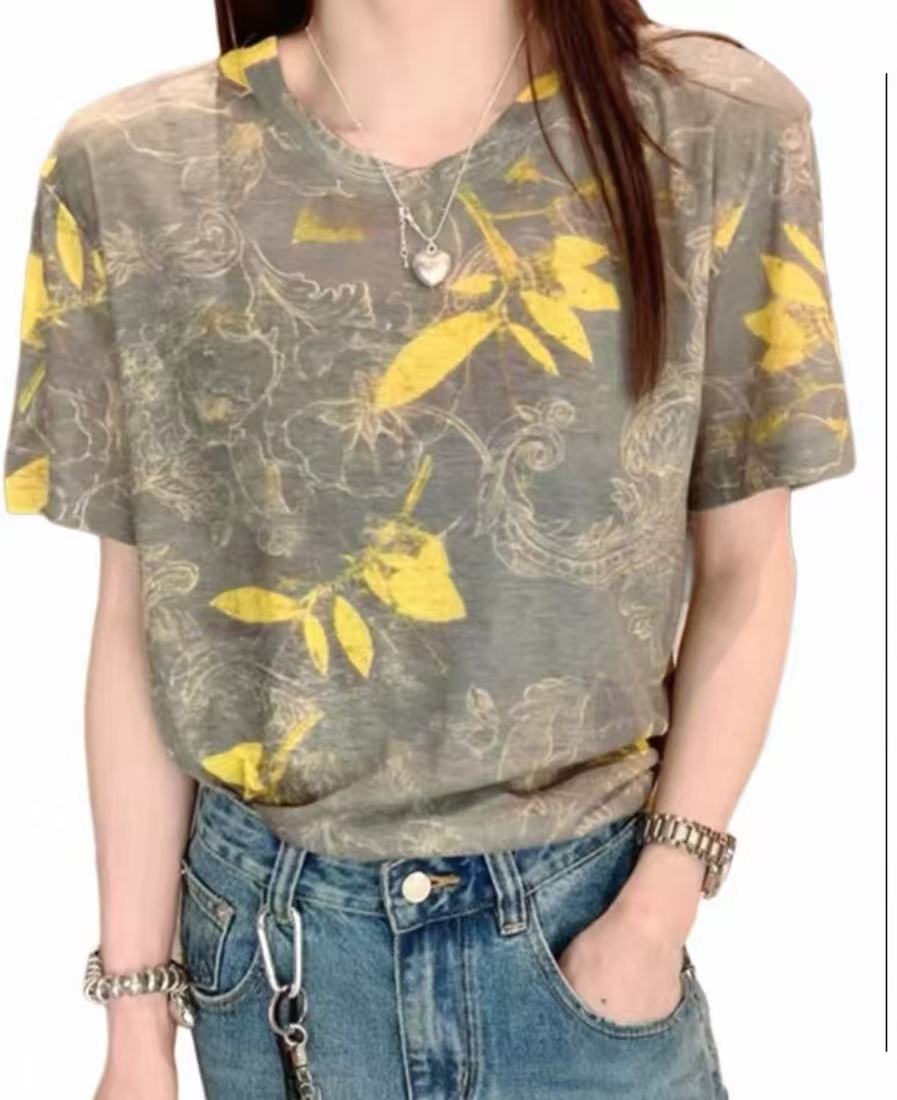 A2928水墨拼黄树叶印染时尚T恤