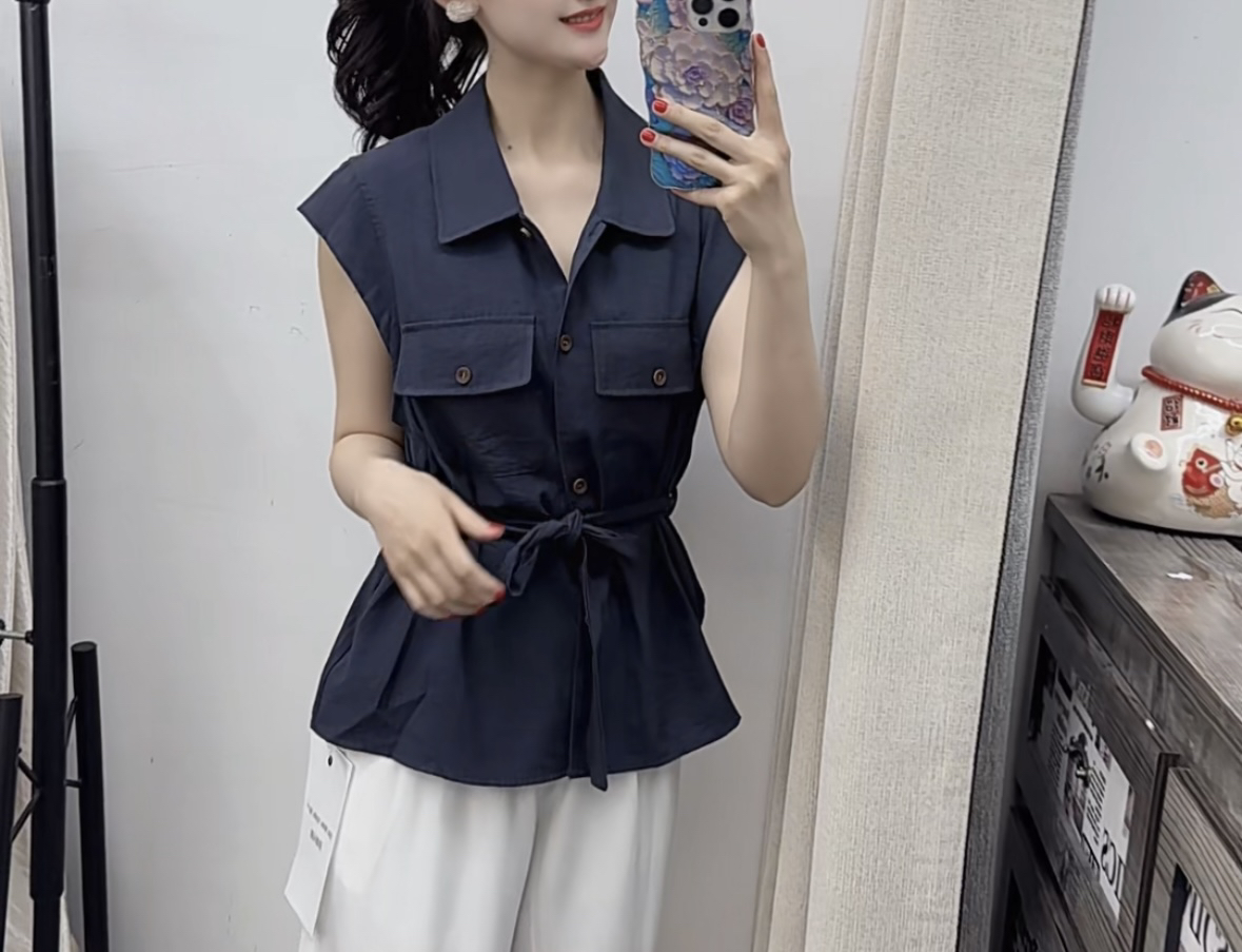 法式翻领棉麻短袖衬衫女上衣时尚百搭舒适