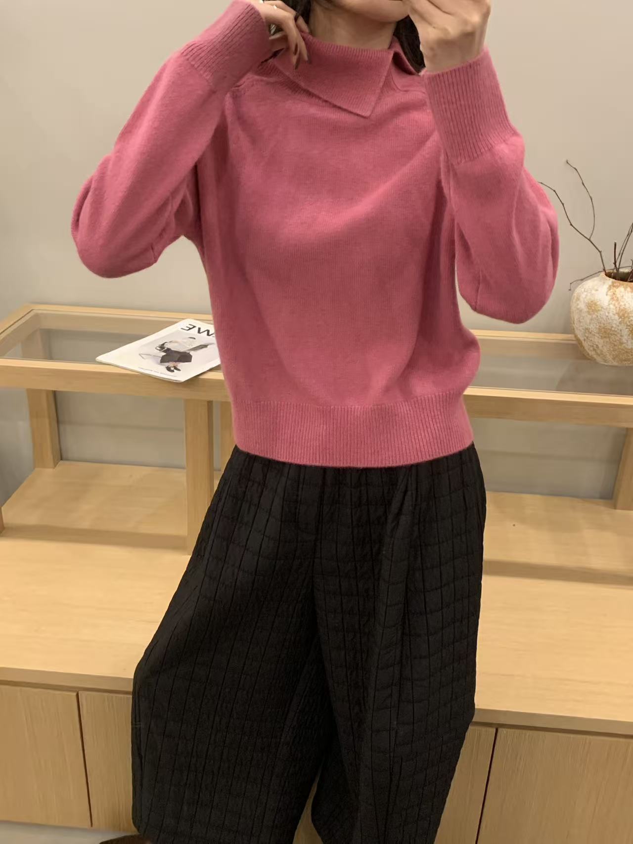针织朋克风落肩袖冬季女毛针织衫毛衣翻领半高领绝美7115