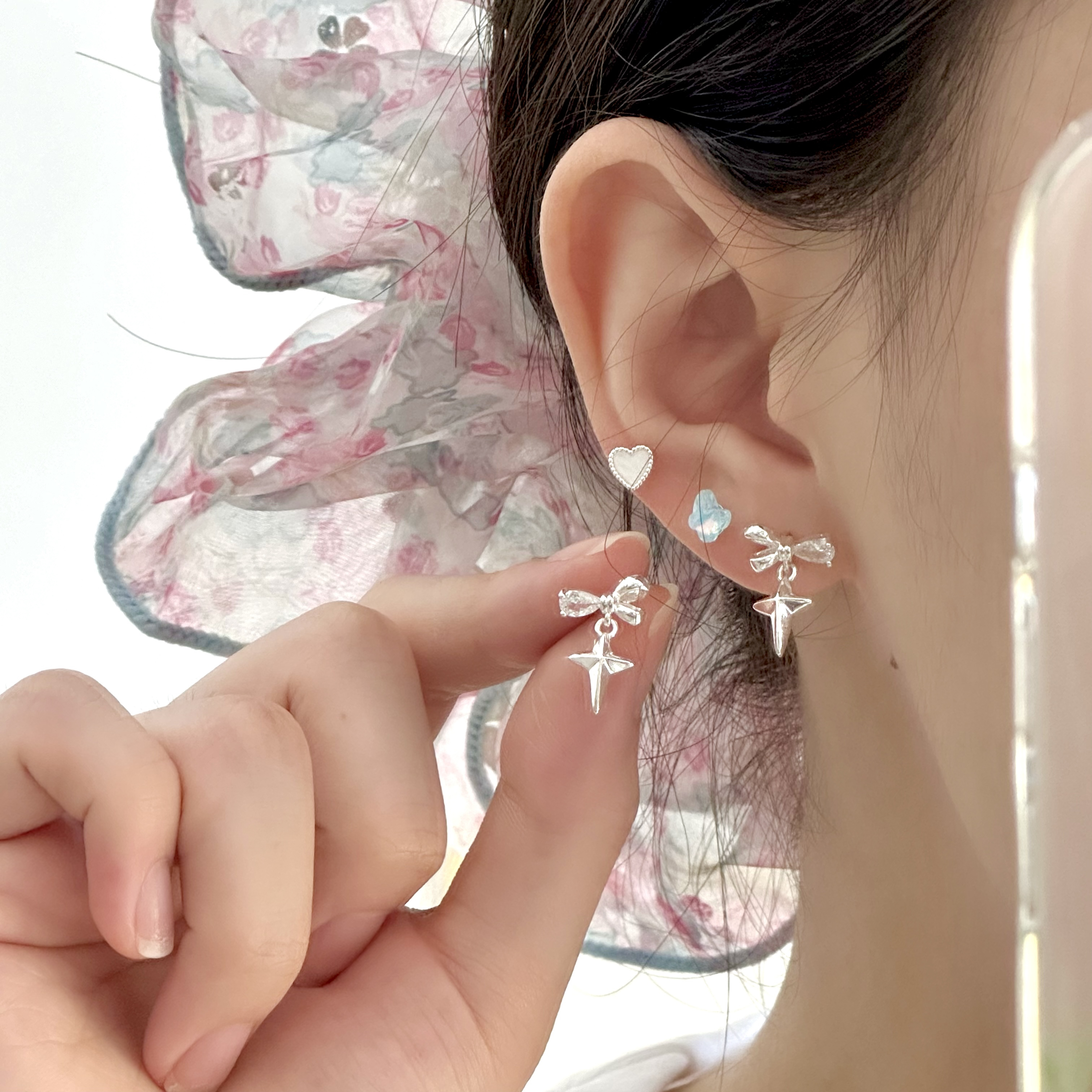 铜合金合成锆石耳饰 十里间直【星芒梦蝶｜一组三对】甜美亮晶晶耳环