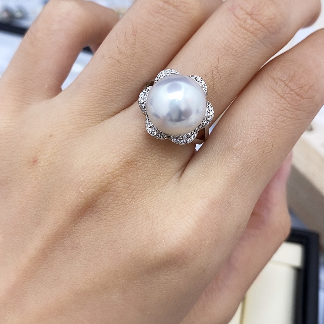 海水珍珠银S925镶嵌耳饰12.5mm澳白戒指（无鉴赏）