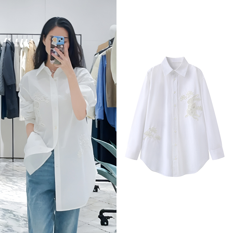 【ED】衬衫女2025春季新款玉兔绳绣花中式白色衬衣B5085