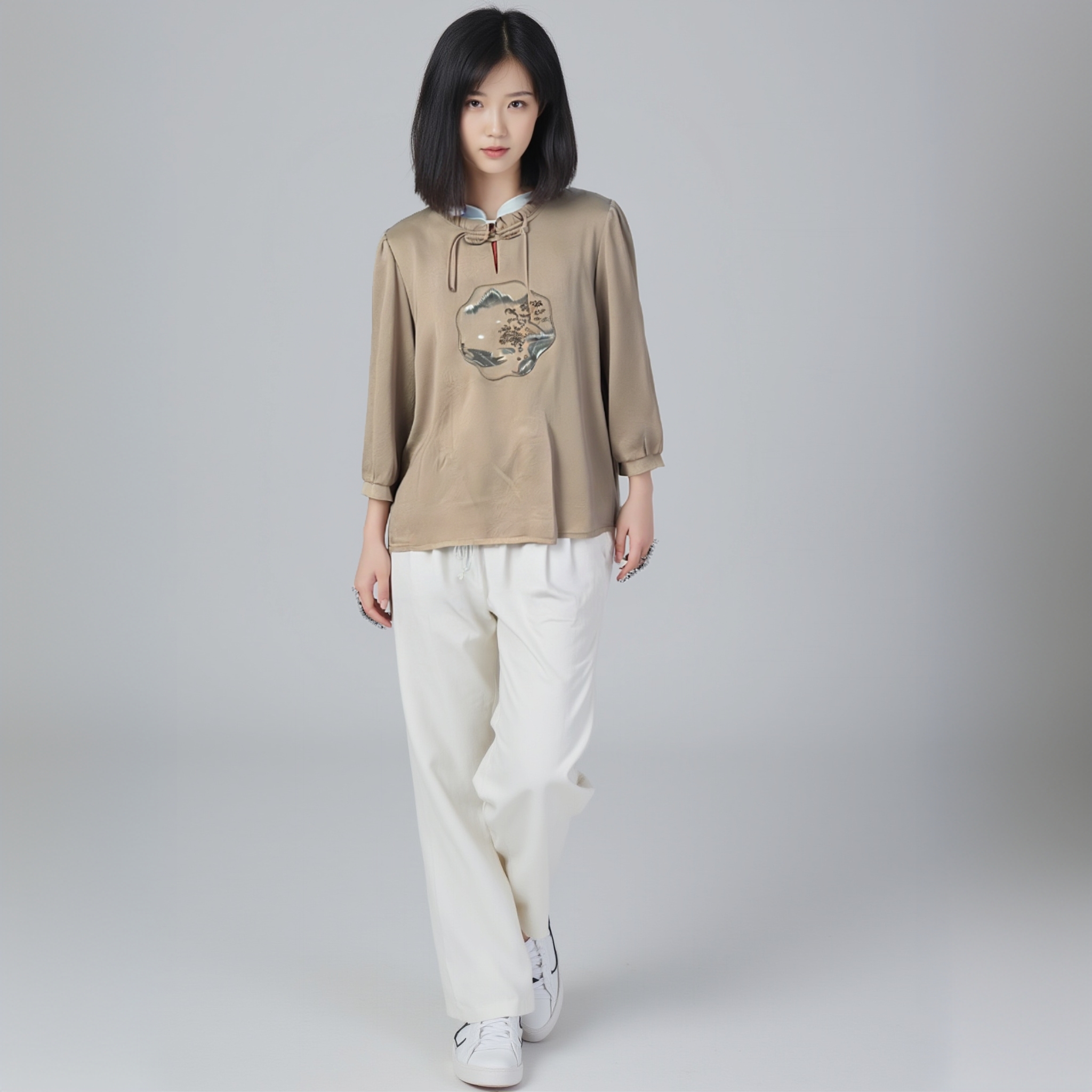 70091-2立领国风民族风宽松型中老年女装女款灰色印花长款米咖色