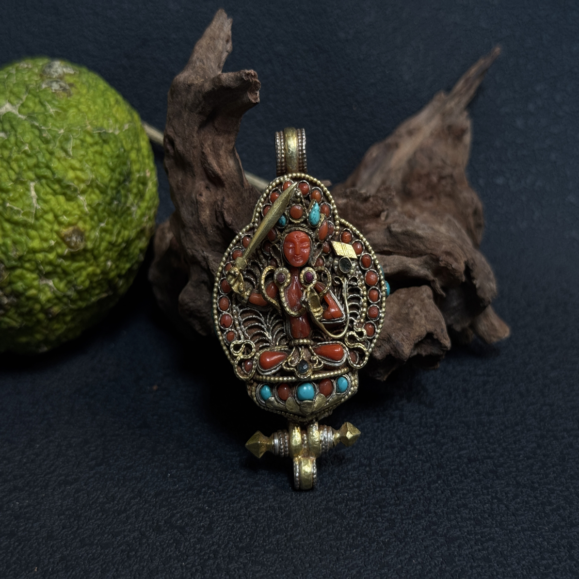 纯手工制作绘制文殊观观白度唐卡嘎乌盒吊坠925银鎏金花丝镶嵌