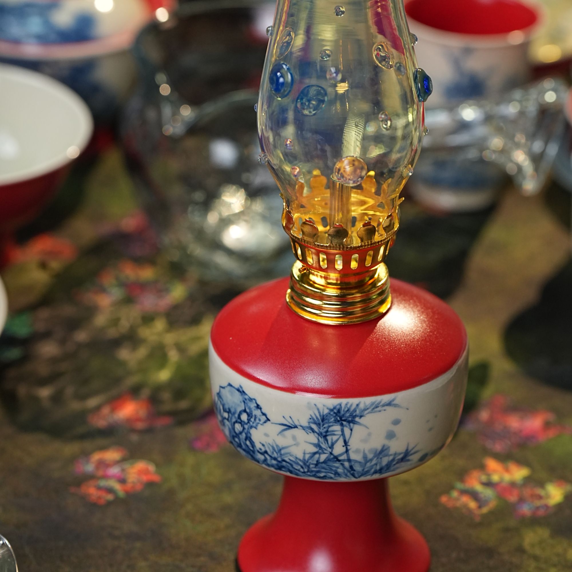 雨香斋景德镇高温纯手工手绘宫墙红竹子陶瓷酥油灯