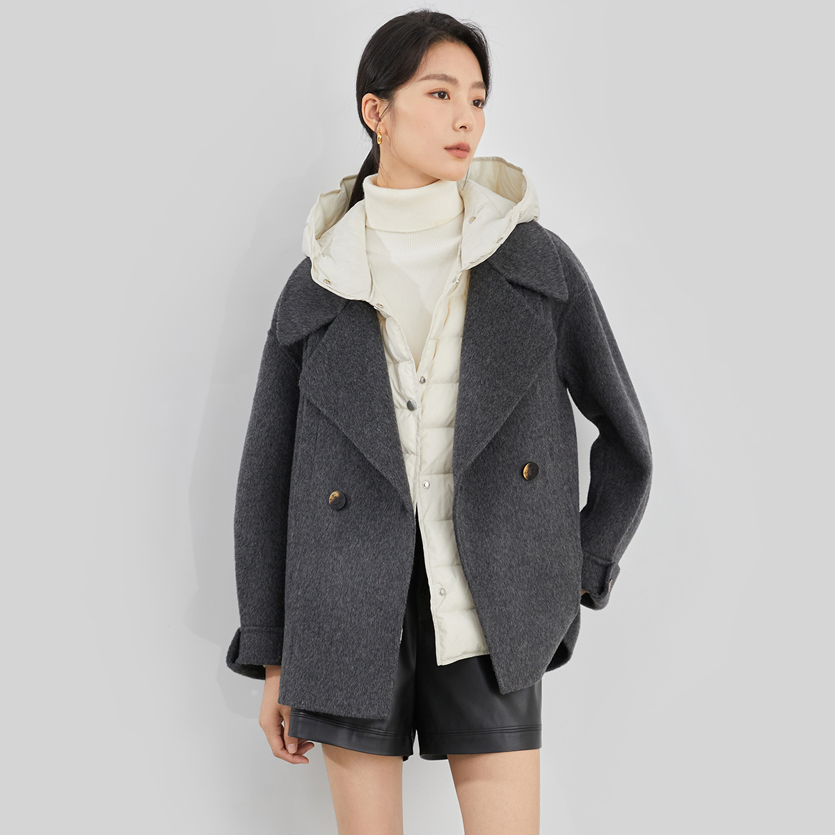 曼贝女士短款毛呢大衣宽松秋冬双面呢通勤职业两穿8484111【珮珮】