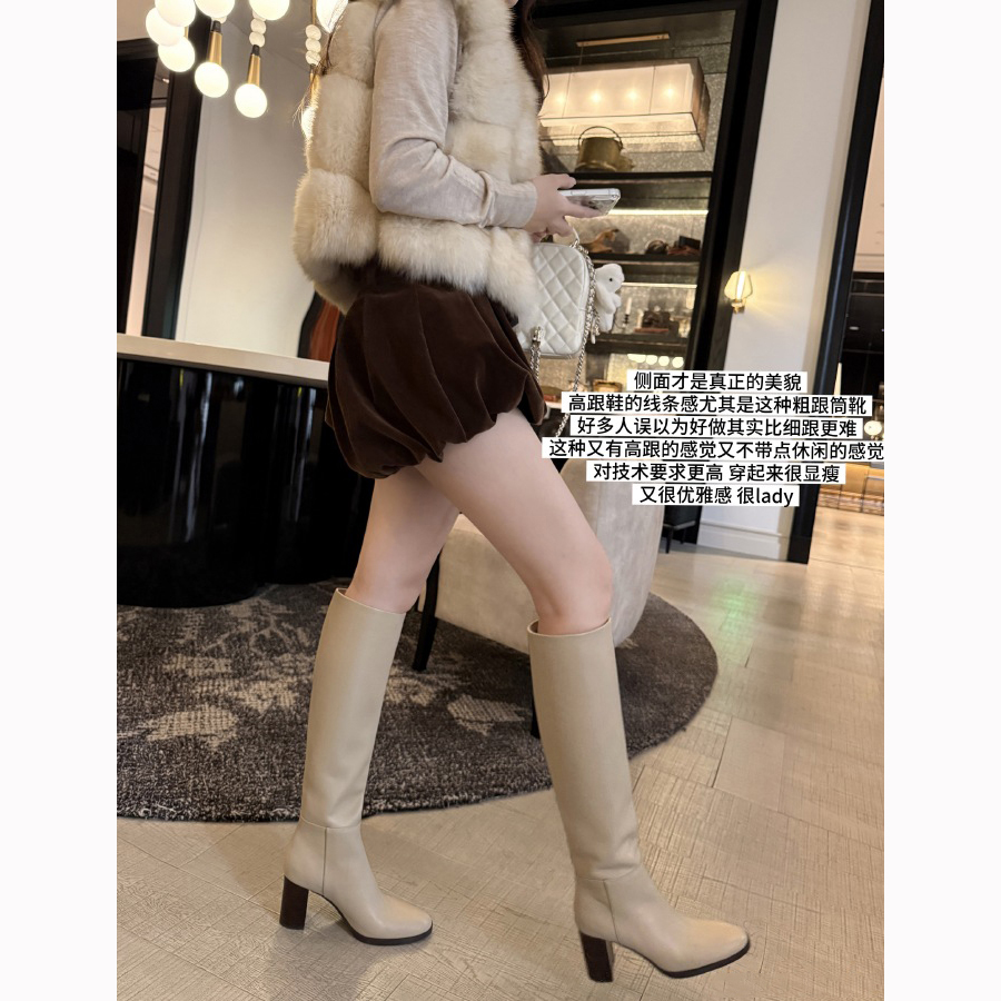 里外全皮高跟长靴粗跟不过膝增高靴子长筒靴