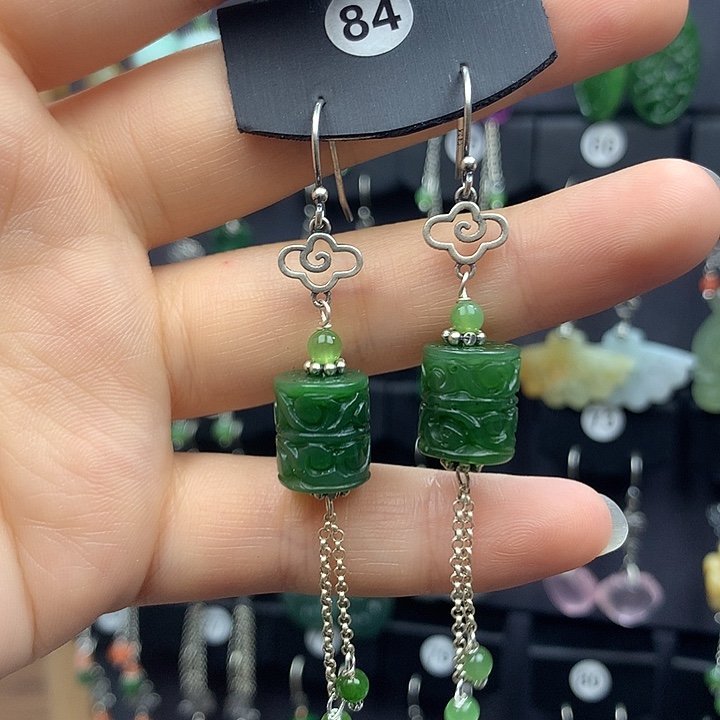 和田玉银S925镶嵌耳饰长**央