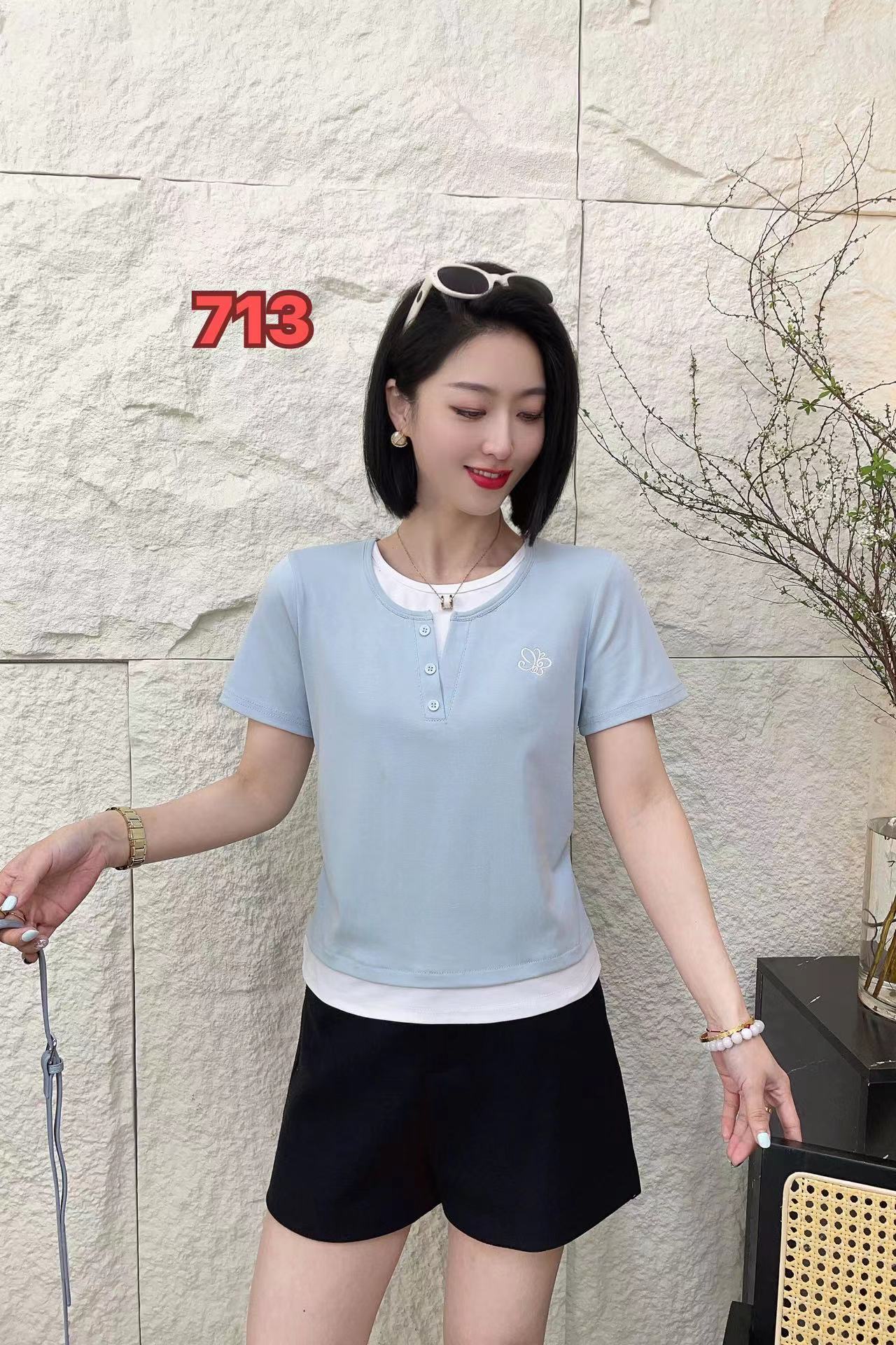 YBD713(聚水潭)韩版圆领女短款洋气时尚百搭气质休闲女士短袖