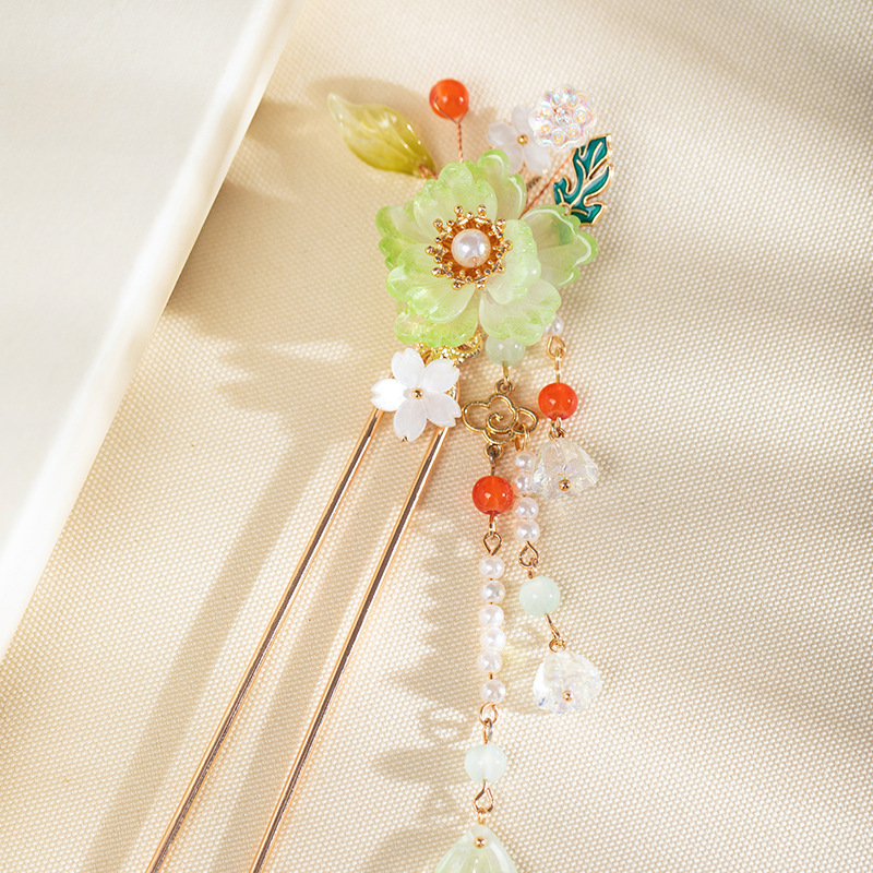 古风发饰绿色琉璃花朵发钗