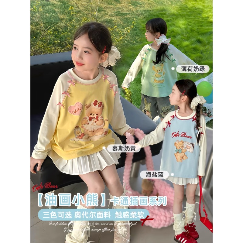 女童T恤长袖2025夏季新款小女孩可爱熊插肩袖儿童蝴蝶结衣服t上衣