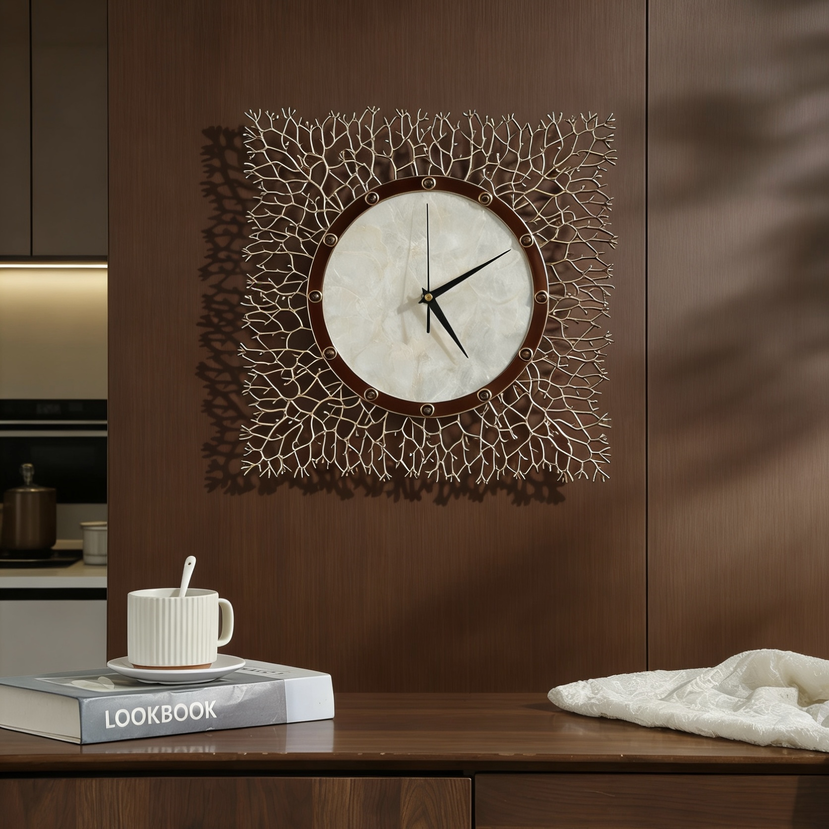 天然贝壳创意珊瑚钟饰客厅背景墙静音时尚餐厅美式轻奢挂钟