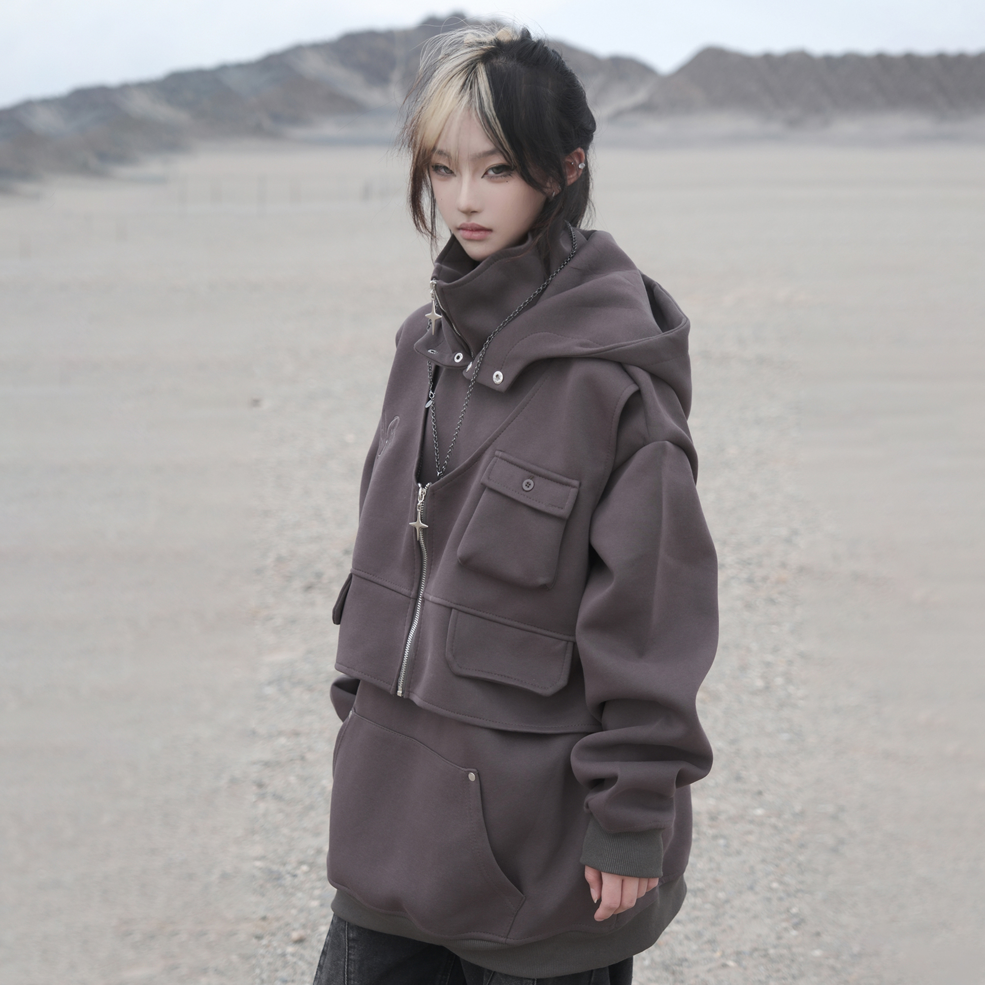 ZCNT逅来者-秋季美式假两件解构多口袋工装连帽男女上衣