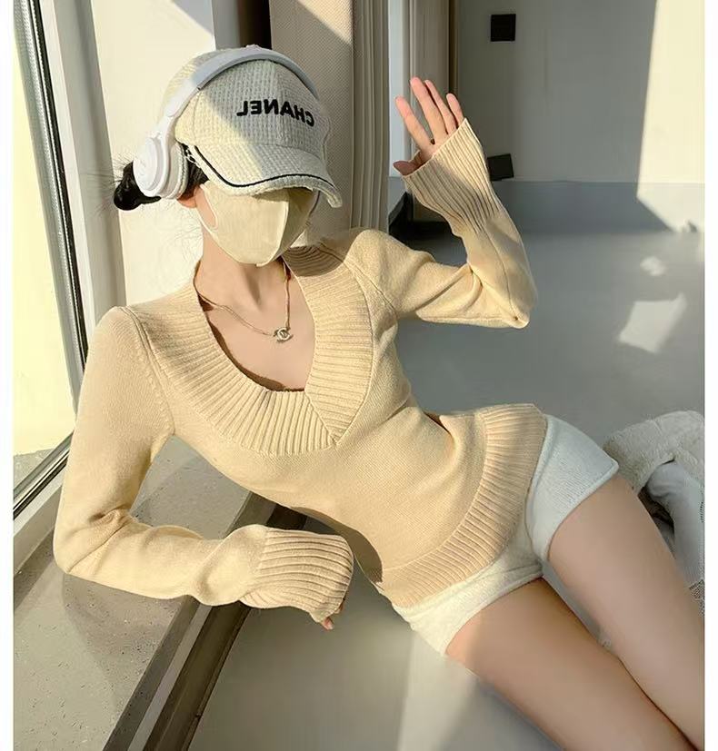 [胖鹅张] 法式v领腰系带针织上衣 #1046[实物以直播间展示为准]