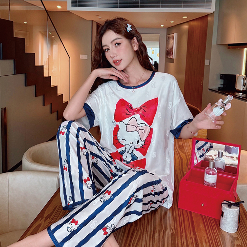 带胸垫夏季提花睡衣女短袖薄款三件套宽松卡通休闲家居服套装夏天