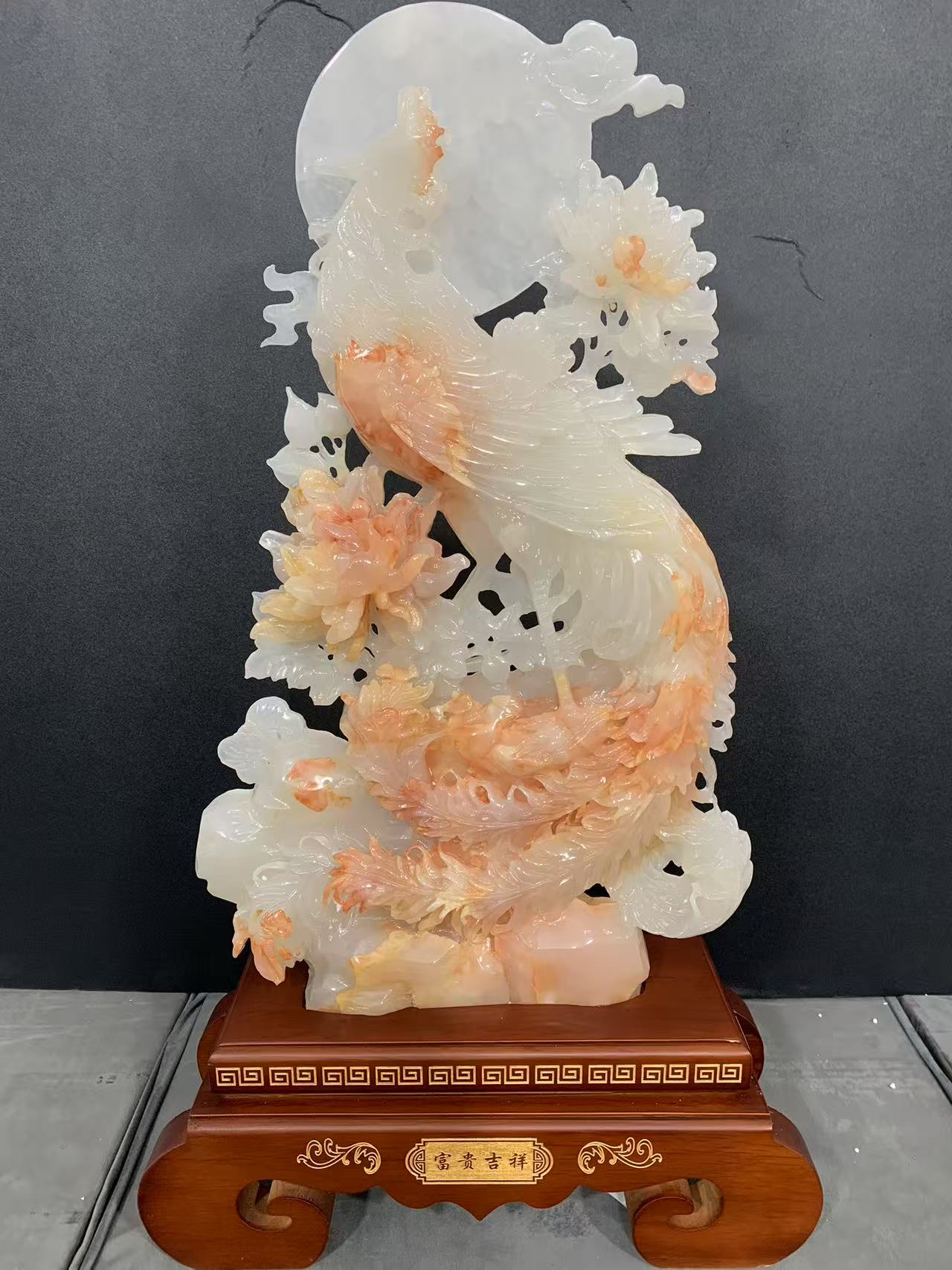 丹凤朝阳手工雕刻客厅玄关装饰品乔迁开业送礼佳品富贵牡丹花摆件