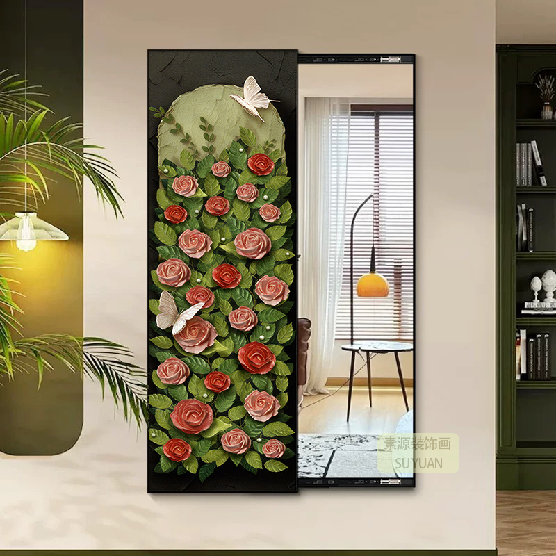 法式奶油风铝合金全身镜镜子可推拉镜隐藏式穿衣镜家用客厅玄关画