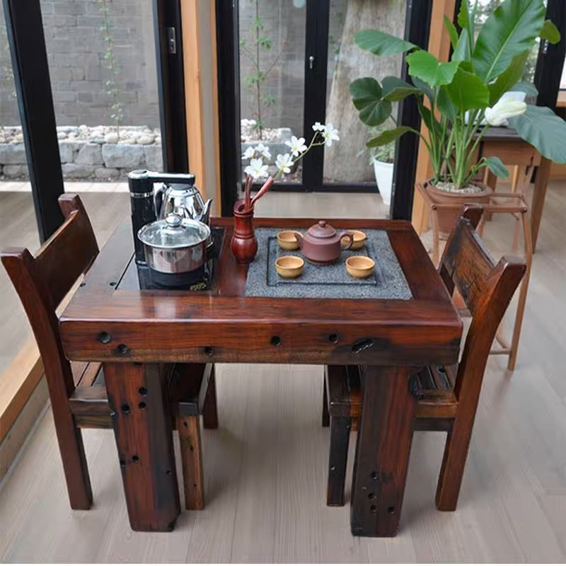 老茶木功夫茶台阳台小户型茶几煮水一体家用泡茶桌简约复古禅意