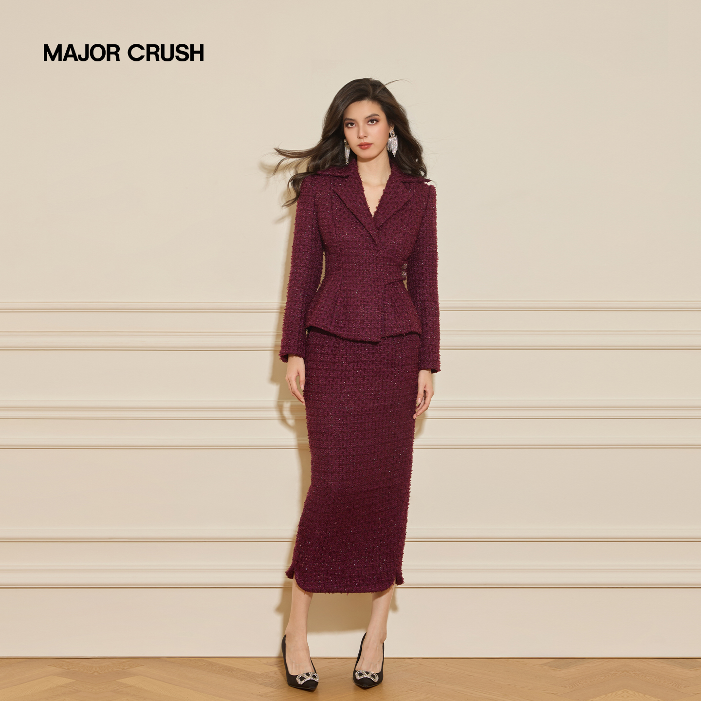 MAJOR CRUSH秋冬新款玫瑰酒色小香风套裙红色修身长袖套裙74799