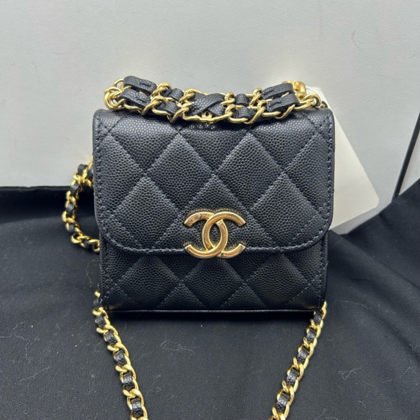 99新 Chanel/香奈儿 22k皮穿链条黑金荔枝牛小包（芯片款）52F20006