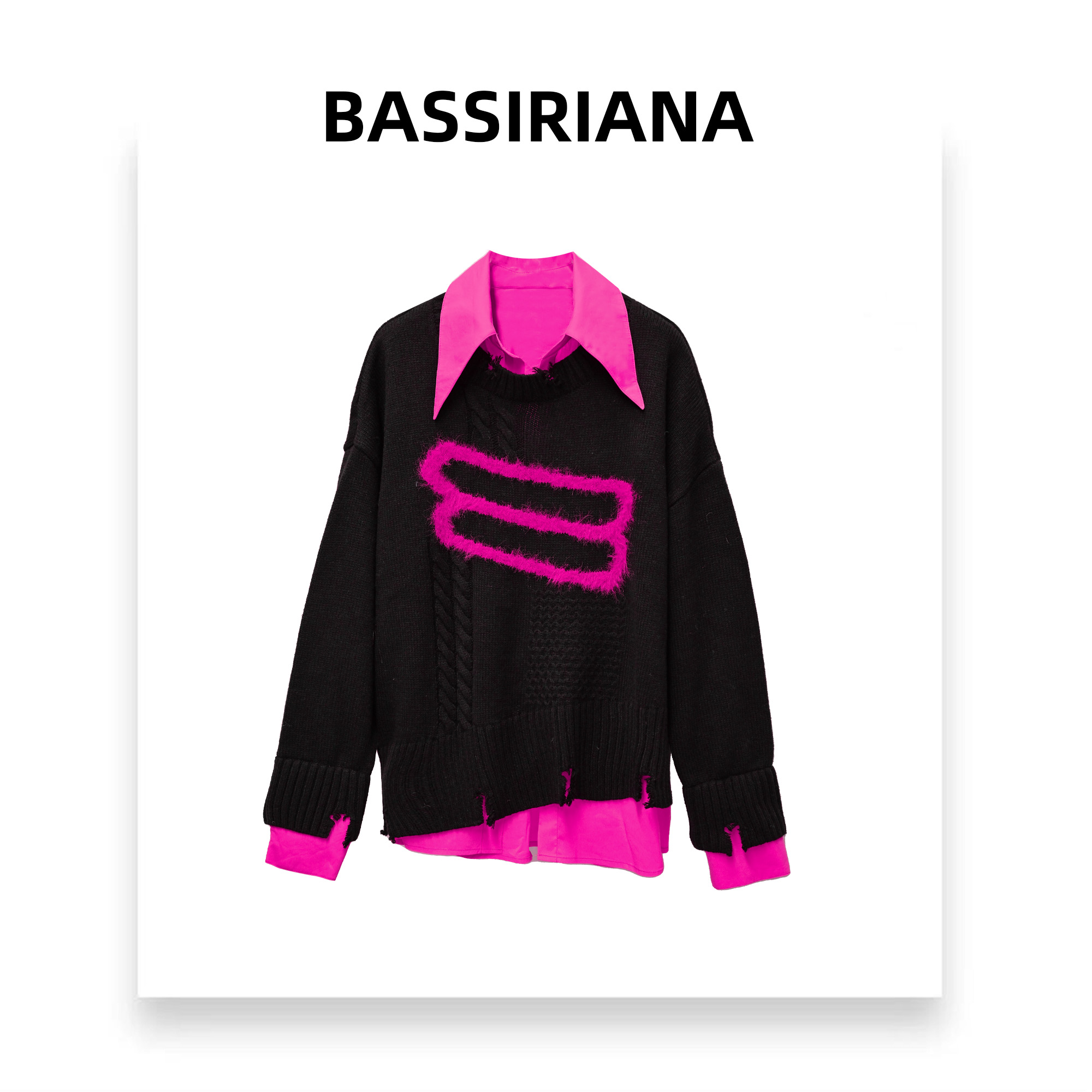 清白白【BASSIRIANA】设计师款轻奢撞色针织法式假两件毛衣211503