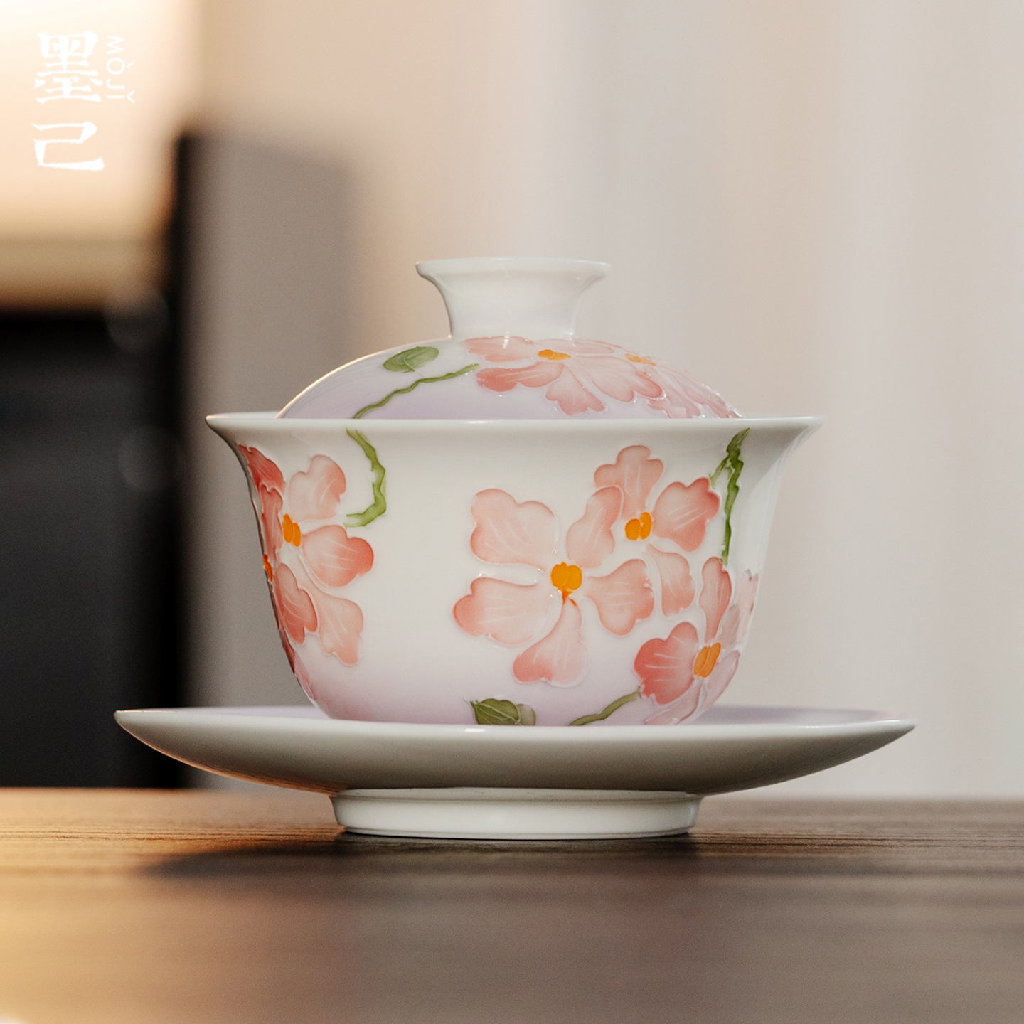 墨己玉泥有田烧紫韵蝶兰家用陶瓷安和三才盖碗功夫茶具泡茶盖碗