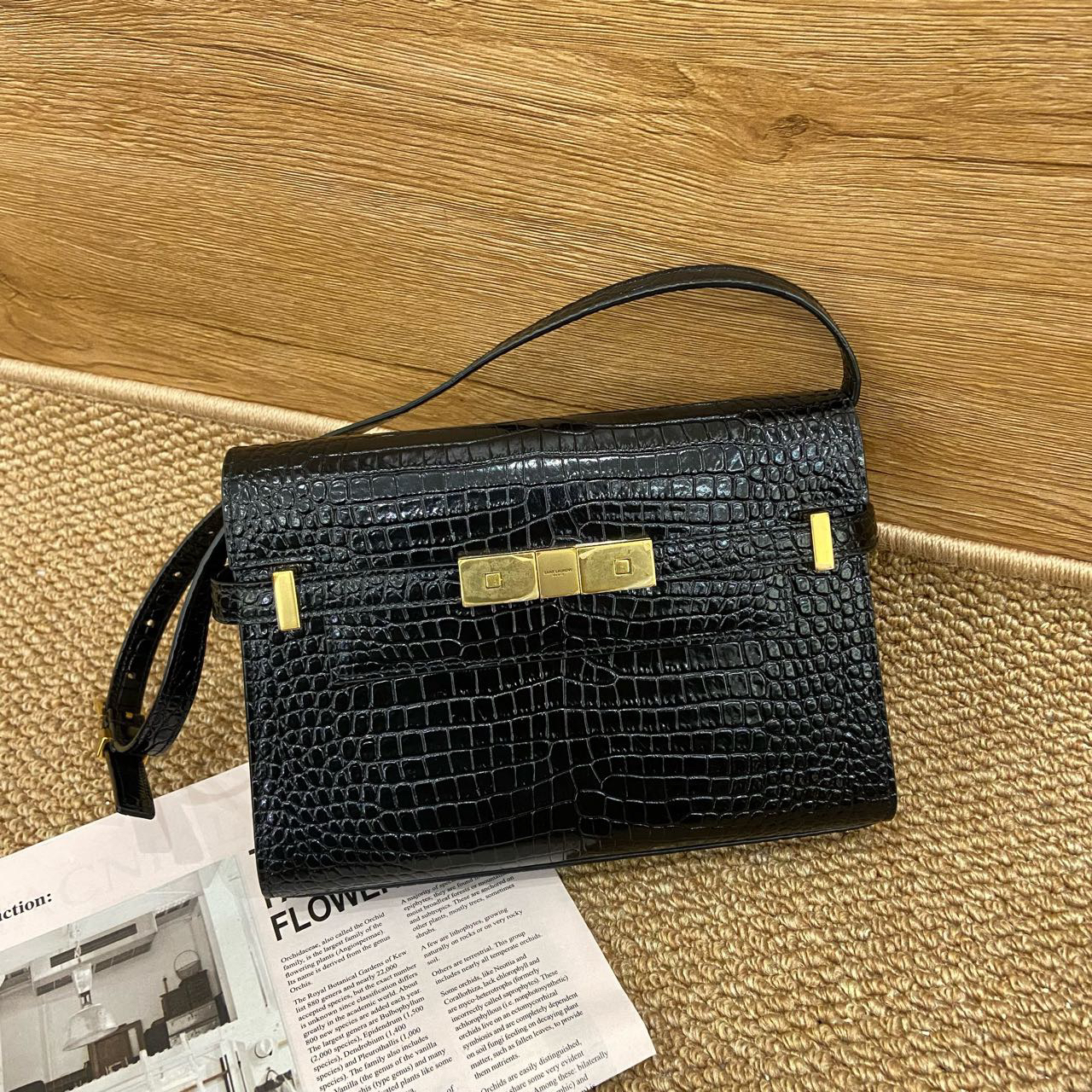 99新 YSL/圣罗兰 黑金鳄鱼压纹曼哈顿小号