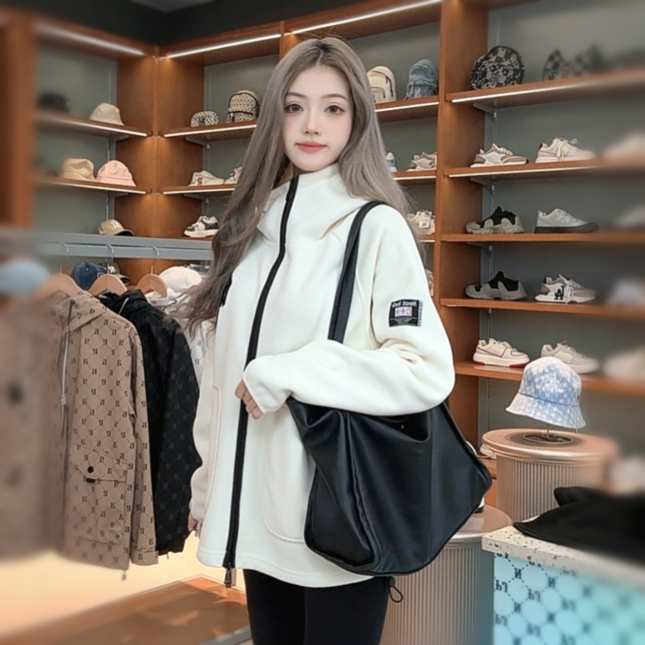 2025年秋冬款抓绒连帽开衫外套情侣款时尚休闲韩版双面摇粒绒防风