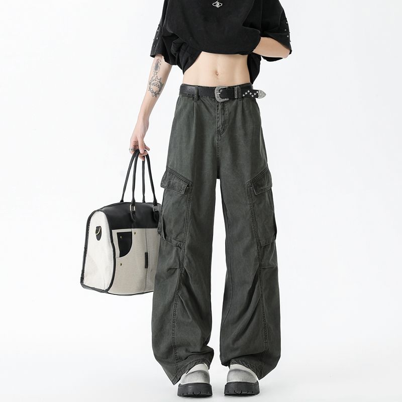 夏季解构设计感美式休闲裤男生潮牌高街褶皱痞帅宽松直筒工装裤子