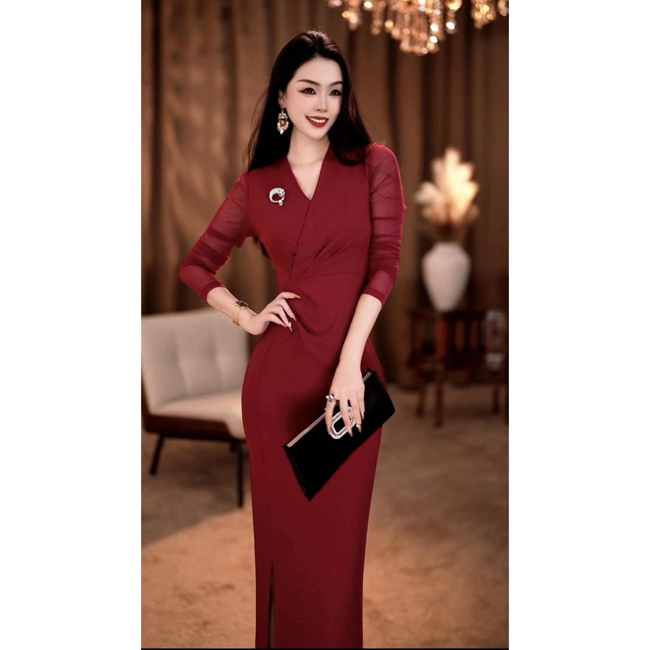 【琳玥】玫瑰月影 秋季新款高级感气质显瘦修身连衣裙-YL50333