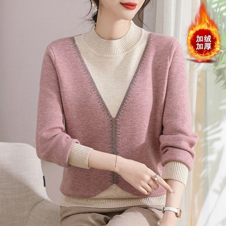 2025新款假两件针织衫妈妈装秋装加绒毛衣秋冬洋气上衣