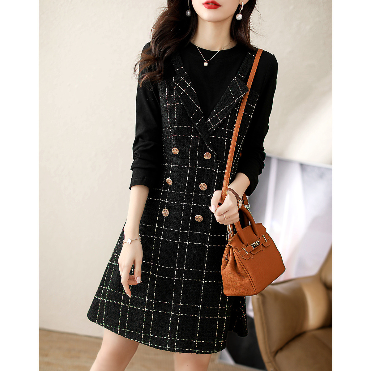 A9189小个子短款气质收腰显瘦黑色连衣裙春秋拼接法式复古小香风