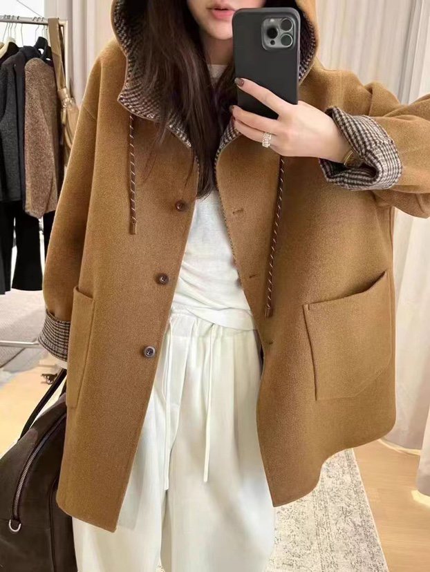 连帽休闲风女毛呢外套短款外套轻奢双面呢女装秋冬时尚网红