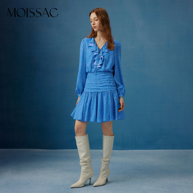 【达人专享】MOISSAC摩萨克秋法式浪漫高级波点收腰长袖连衣裙女