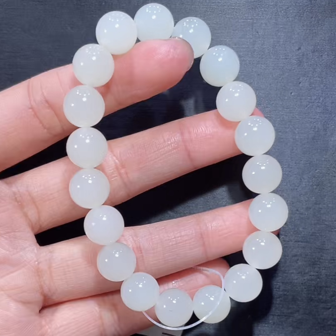 和田玉高冰荔枝冻白玉手串10mm