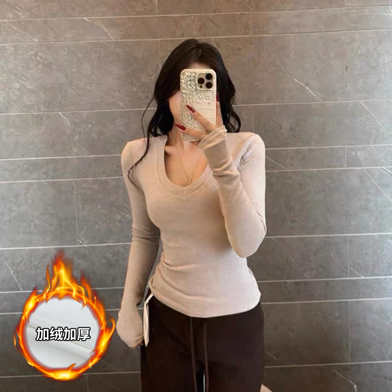 Moses Queen/魔西女王“小暖炉” 极简风V领双面绒加厚长袖弹力T恤