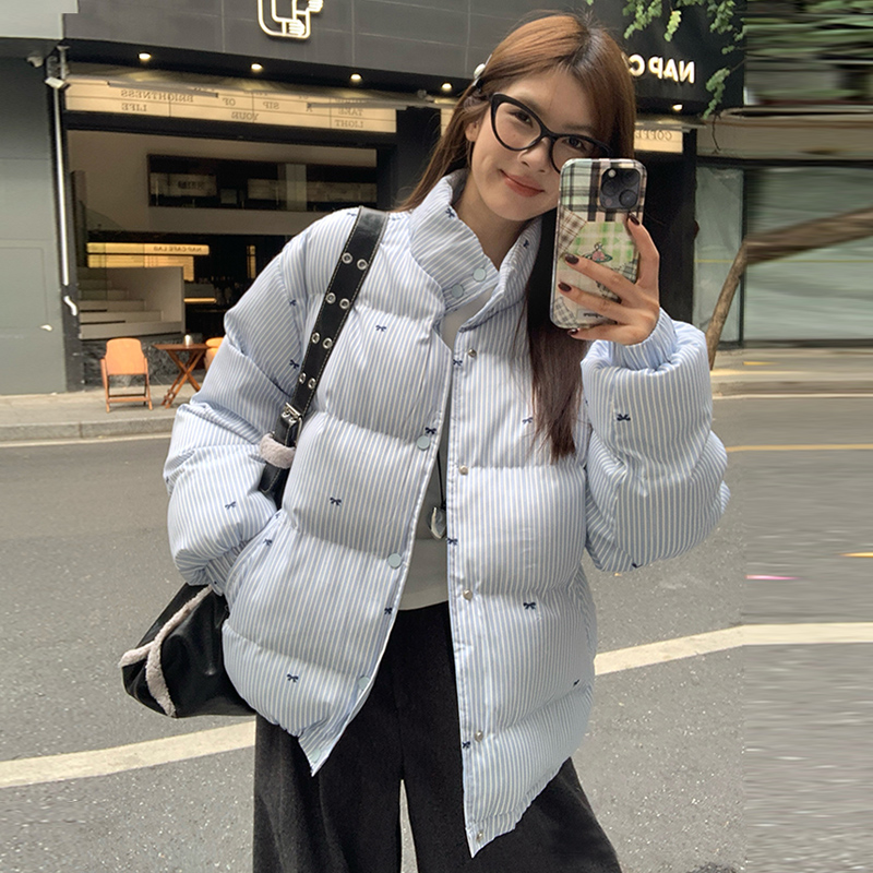 【501】冬季条纹设计感宽松棉袄棉衣蝴蝶结蓝色面包服棉服外套女潮