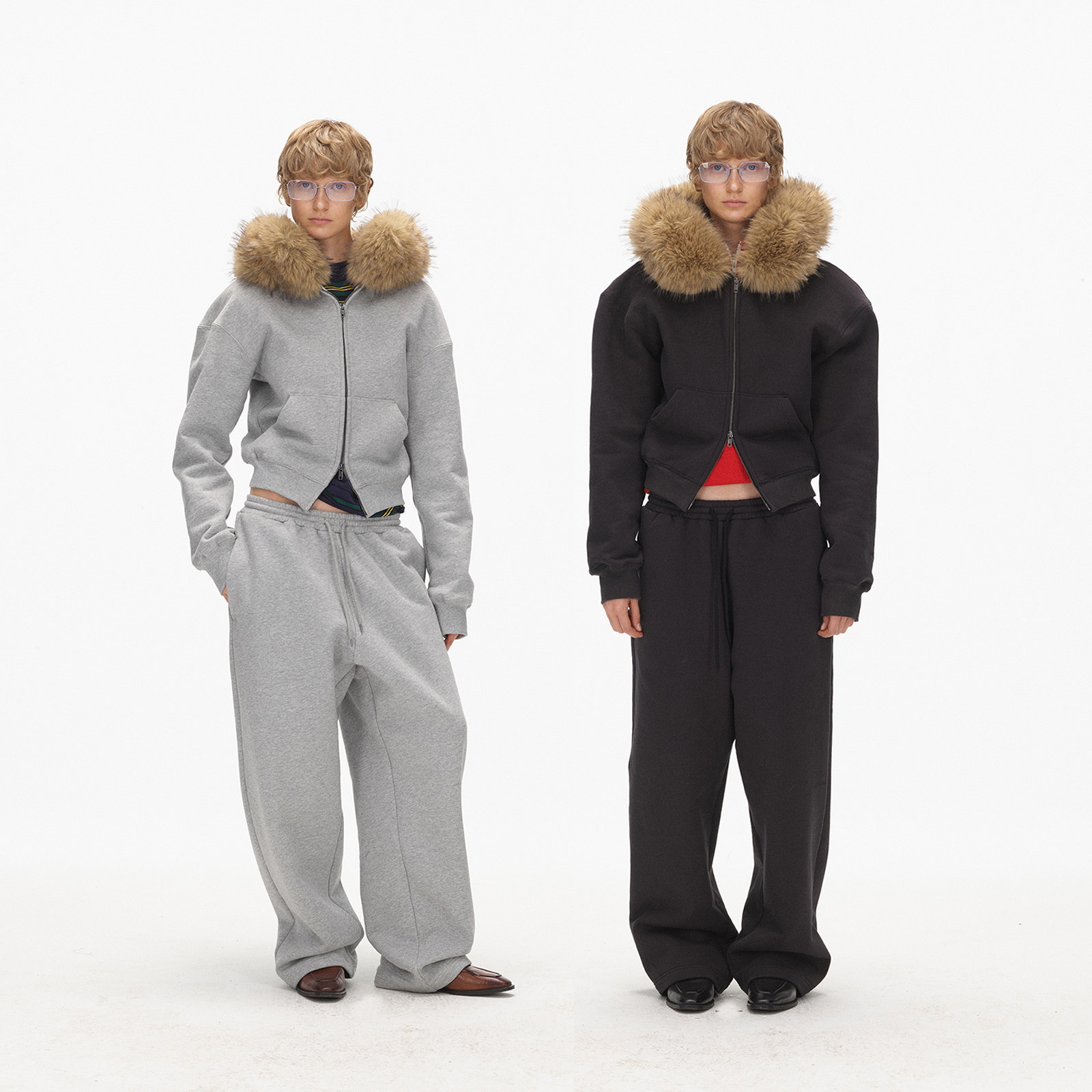 ECHOADE 时髦感脱卸毛领短款修身加绒连帽卫衣外套 DY5E13038