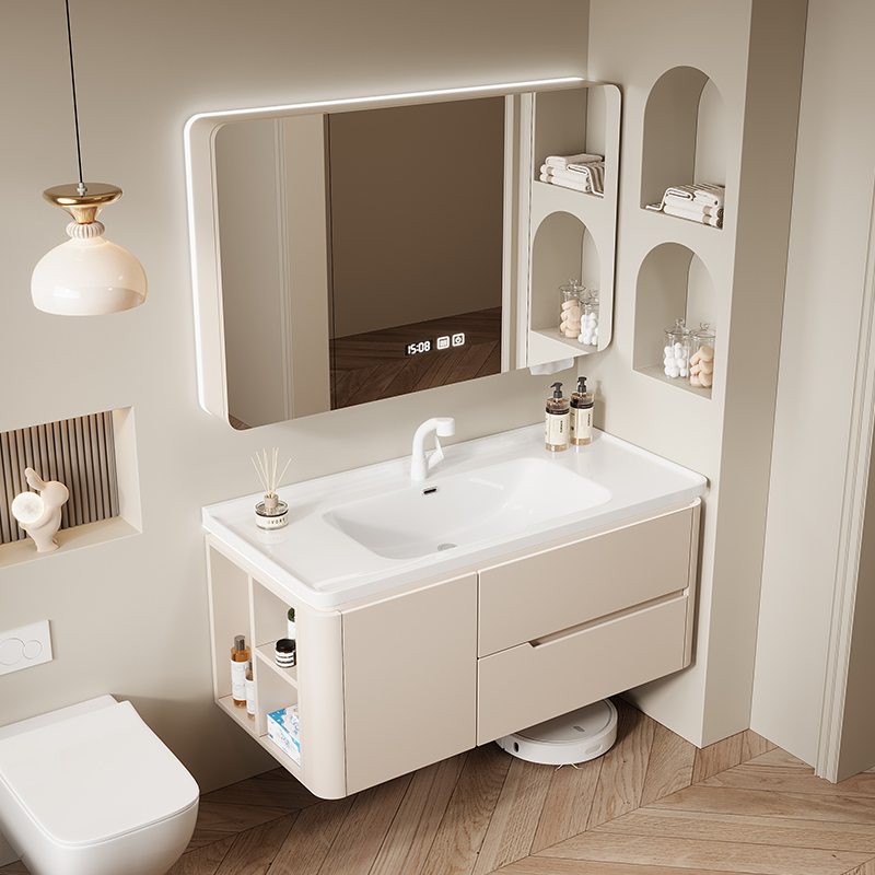 【整体橡木烤漆】圆角浴室柜组合陶瓷一体盆带侧边柜洗手台洗漱台盆