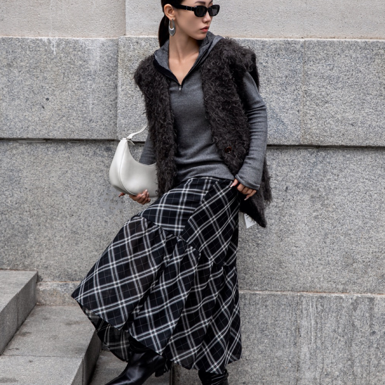 FIZZFLY时尚百搭高腰显瘦格纹半身长裙