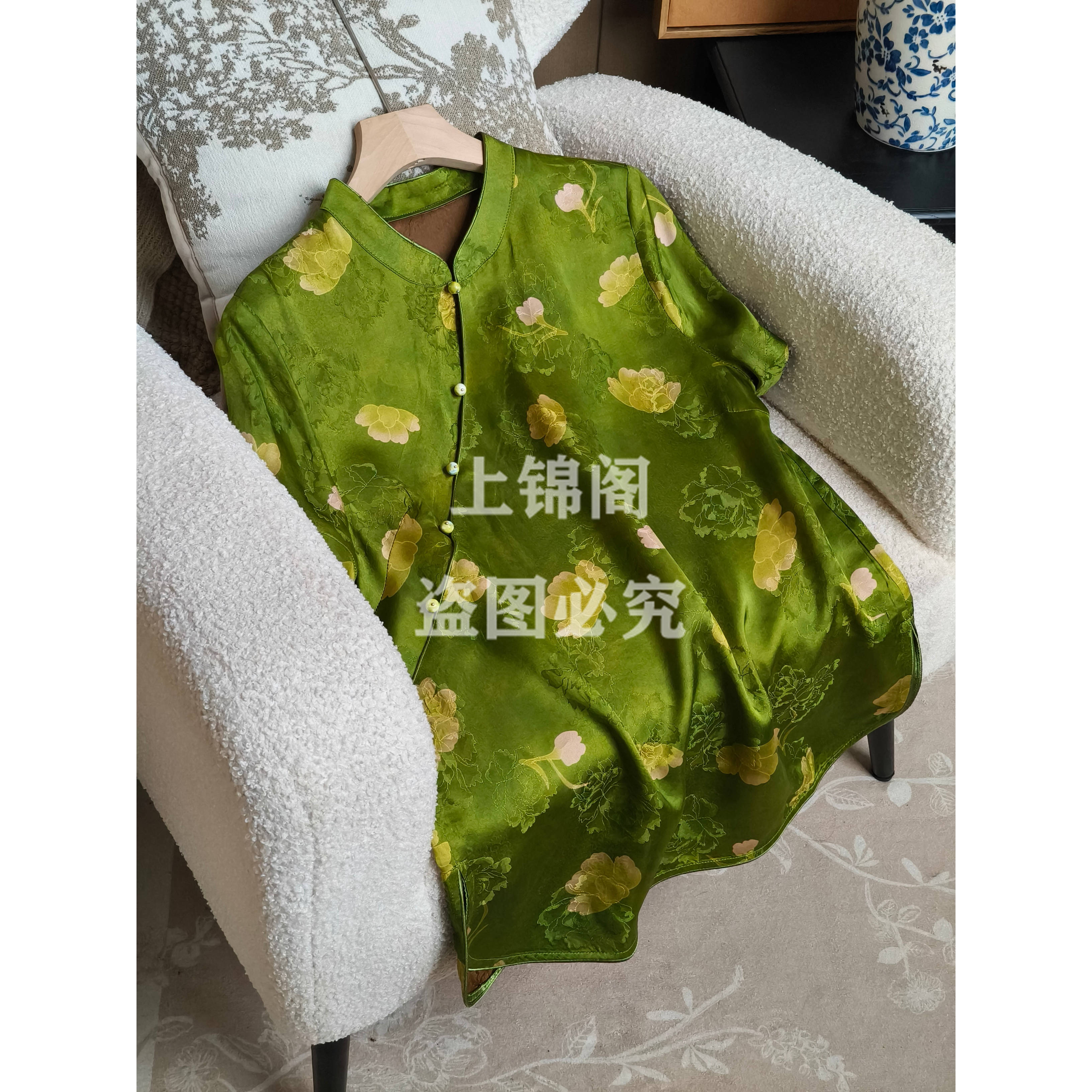 768中国风斜襟立领侧开叉上衣绿色提花时尚休闲碎花百搭夏季复古