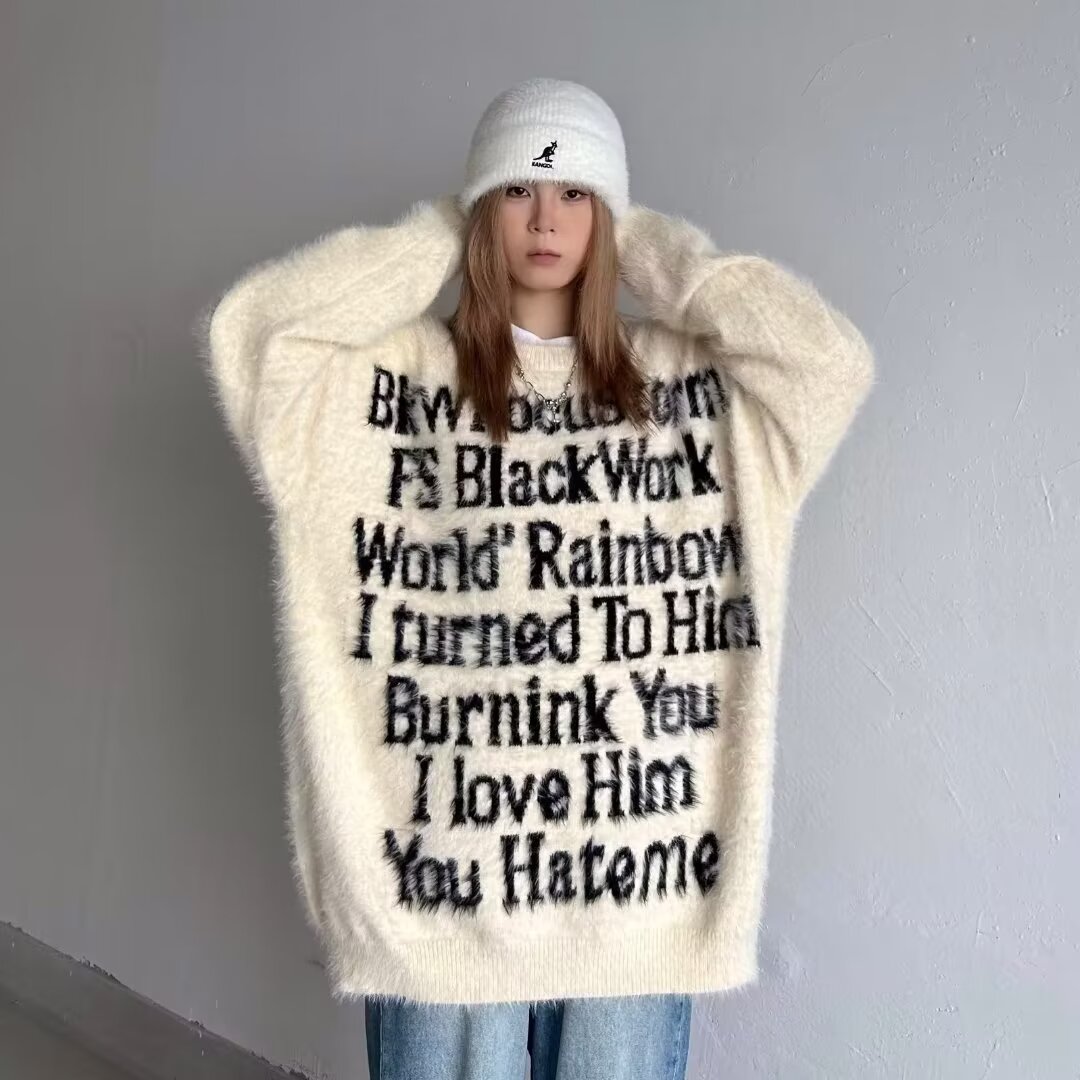 2023秋冬水貂绒字母提花连帽毛衣男冬季高街宽松休闲情侣针织衫潮